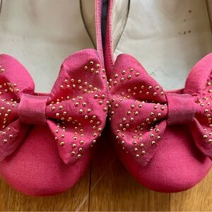 Bruno Magli Pink Satin Flats with Gold Studded Bows. Size 38.